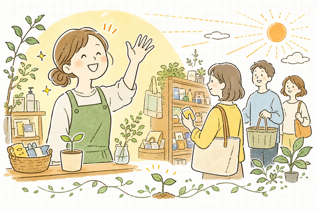 規約を整え終えた店の人と、安心して買い物を楽しむお客さんが信頼し合っている明るい情景