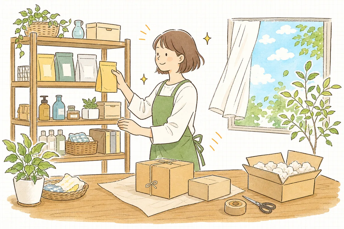 再入荷の通知を受け取ったお客さんが再び買い物を楽しみ、店側も入荷準備をしながら晴れやかにしている明るい様子