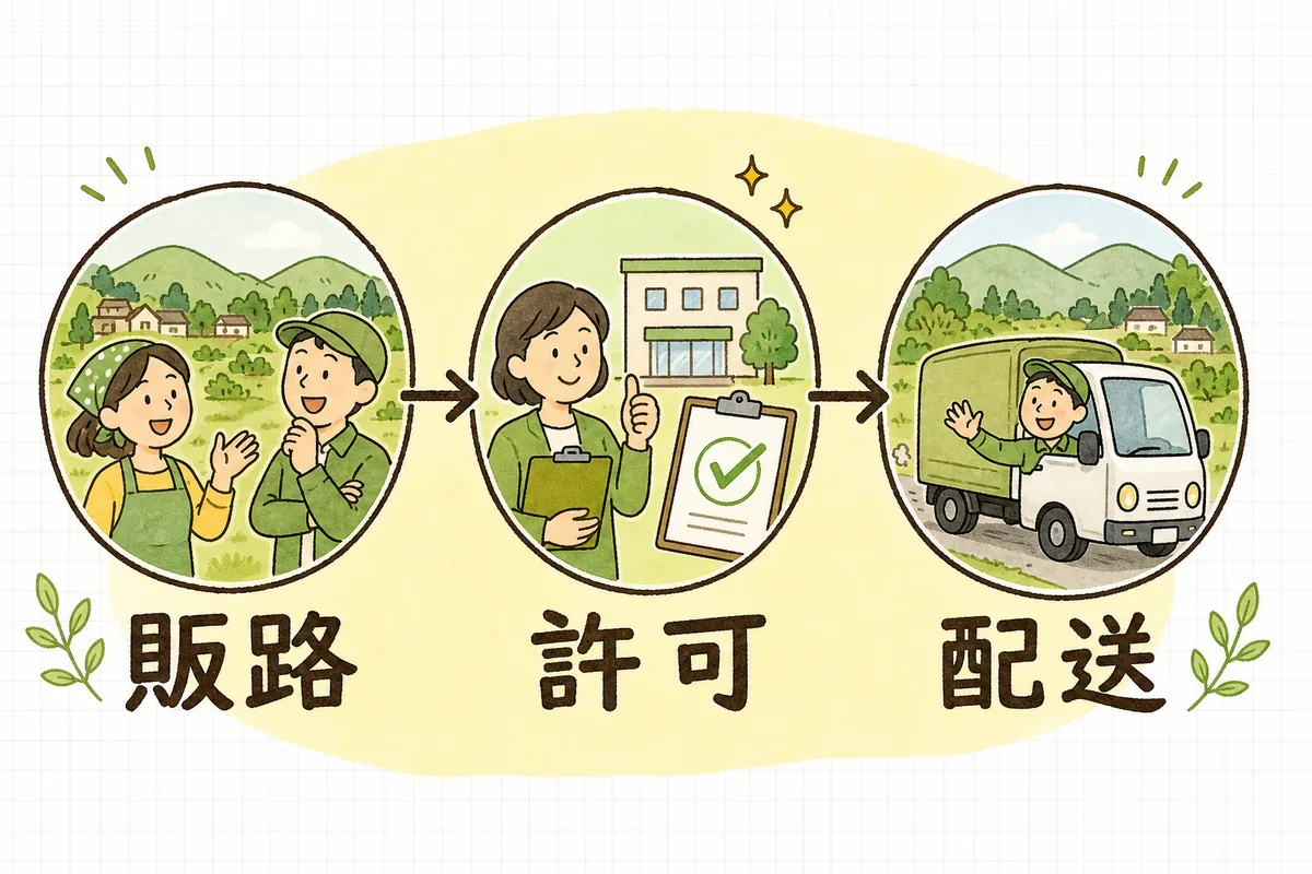 産直ECを「販路を選ぶ」「許可・表示を確認」「鮮度配送を決める」の3ステップで進める流れ図
