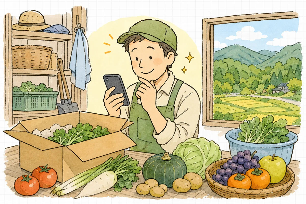 届いた産直の品に「おいしかった」と喜ぶお客さまからのメッセージを読み、笑顔になる生産者