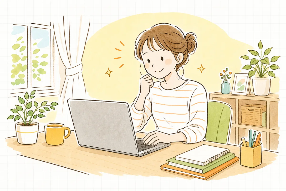 情報の充実した広告からお客さんが自然に集まり、手応えを感じて前向きな表情になったEC担当者の明るい情景