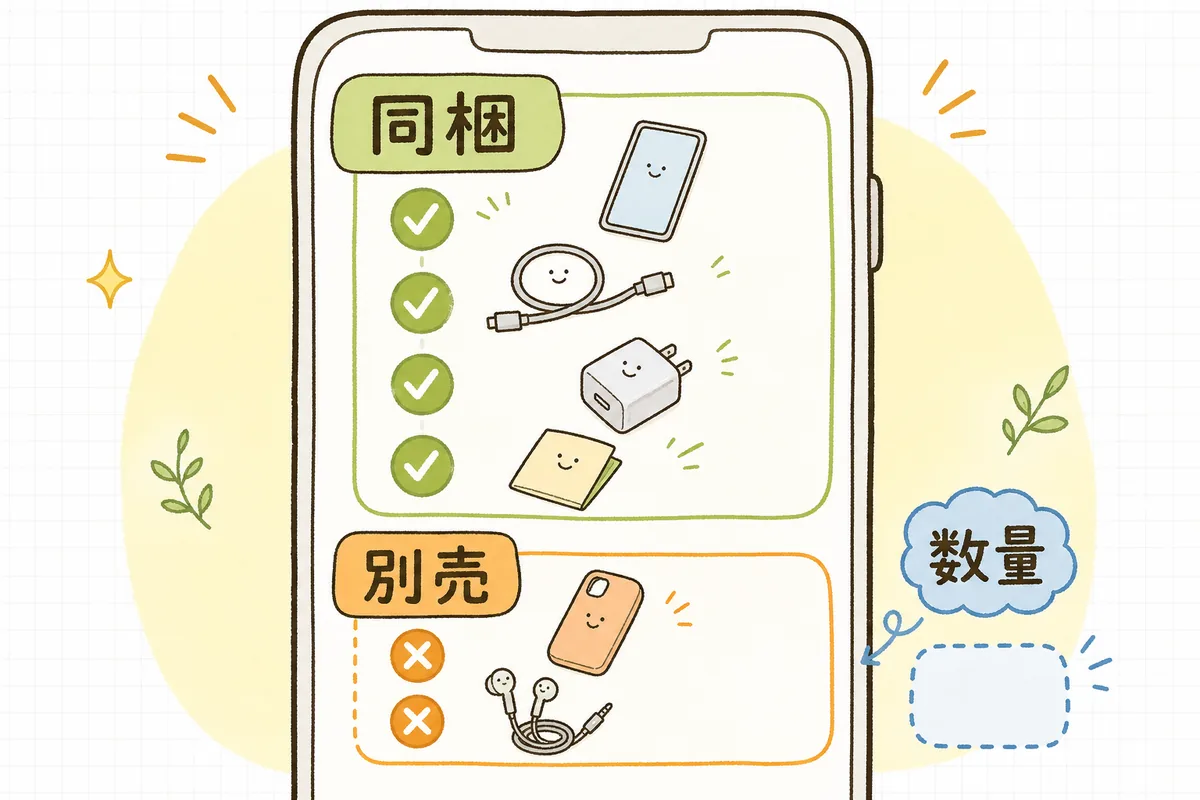 商品ページのセット内容欄で、同梱物を数量つきの箇条書きで示し、別売り・非同梱のものもすぐ下に分かるように並べた見せ方の図