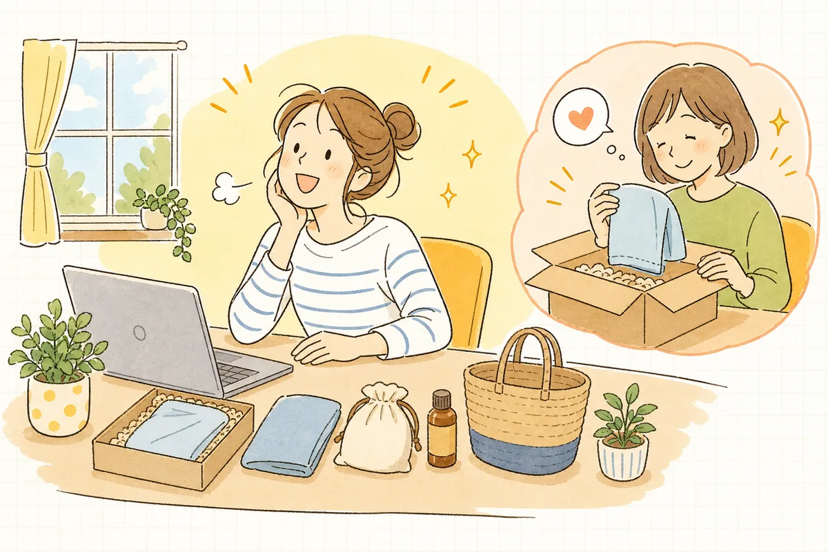 セット内容を分かりやすく整え終えて、届いたお客さんが中身に納得して笑顔になり、問い合わせが減って表情が晴れやかになったEC担当者の情景