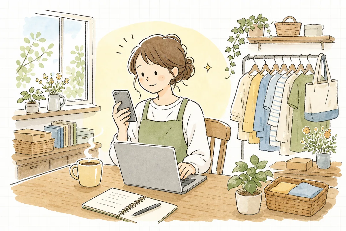 スマートフォンの検索窓に自分のお店の名前を打ち込んでくれるお客さんの姿を思い浮かべ、うれしそうにほほえむショップ担当者の情景