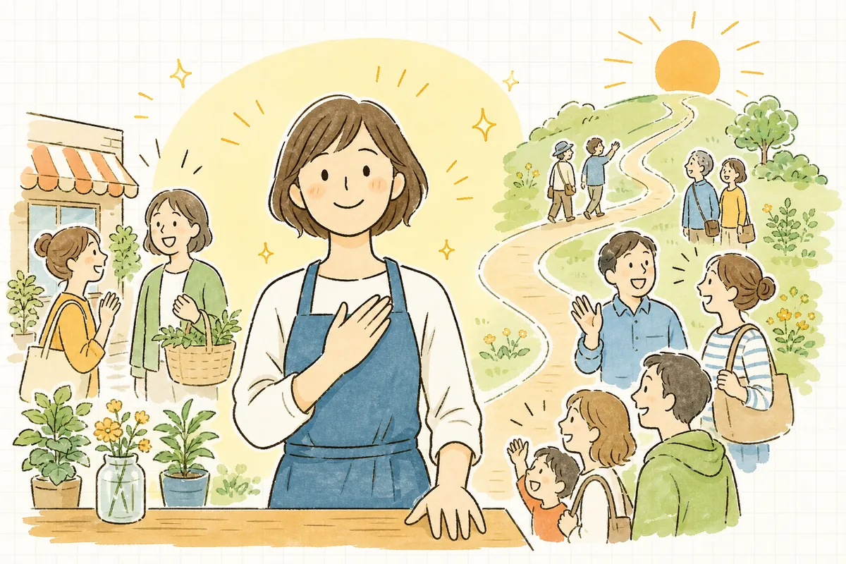名前で選ばれるお店に育ち、常連のお客さんに囲まれて明るい表情で前を向くショップ担当者の情景