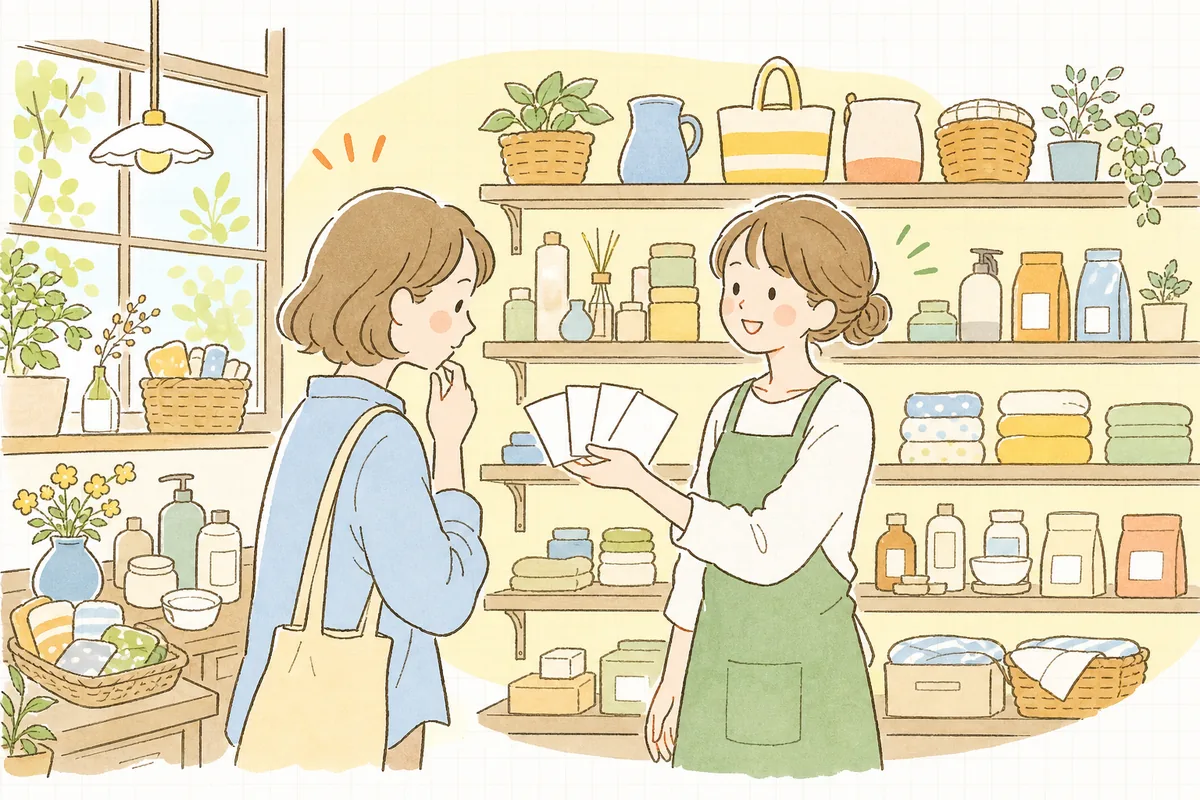 たくさんの商品を前に「どれが自分に合うのか分からない」と迷って立ち尽くすお客さんに、店員が数枚の質問カードを差し出して選ぶ手伝いをしている情景