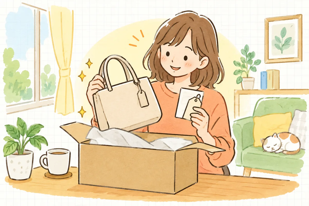 届いた商品の正規品カードやタグを見て、本物だと分かり安心した笑顔で商品を手に取るお客様の明るい情景