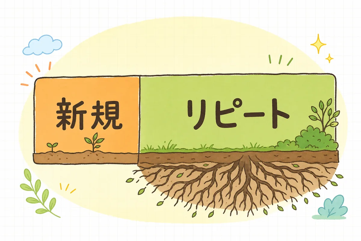一本の売上を、新規の売上とリピートの売上の2つに分けて、それぞれの割合を帯グラフで示した図