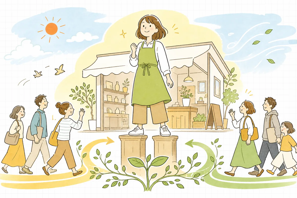 EC担当者が、新規とリピートの二本の脚でしっかり立つお店を思い描き、安定した手応えを感じて明るい表情で前を向いている情景
