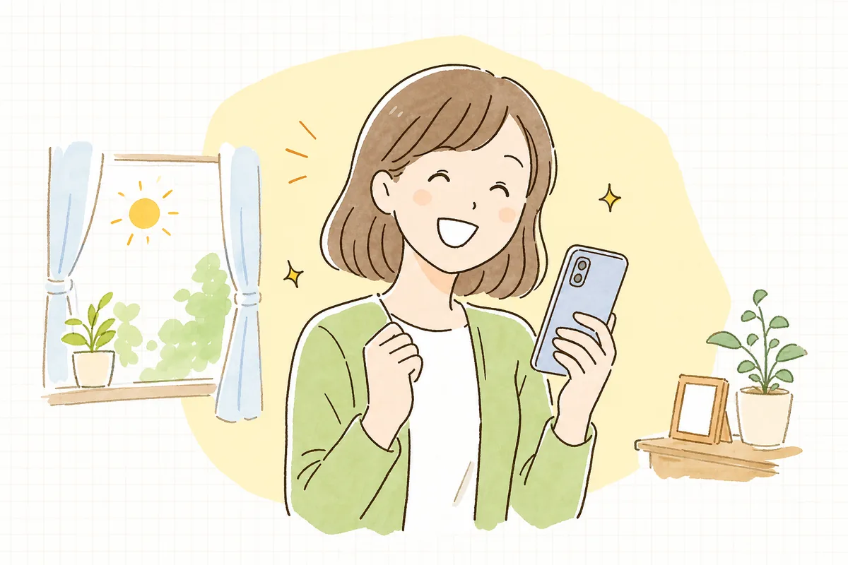 安心して購入ボタンを押し、迷いが晴れた明るい表情で買い物を終える人