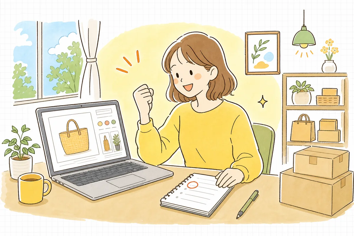 一覧の中から直すべき1ページを見つけ、すっきりした前向きな表情で改善に取りかかろうとしているネットショップの担当者