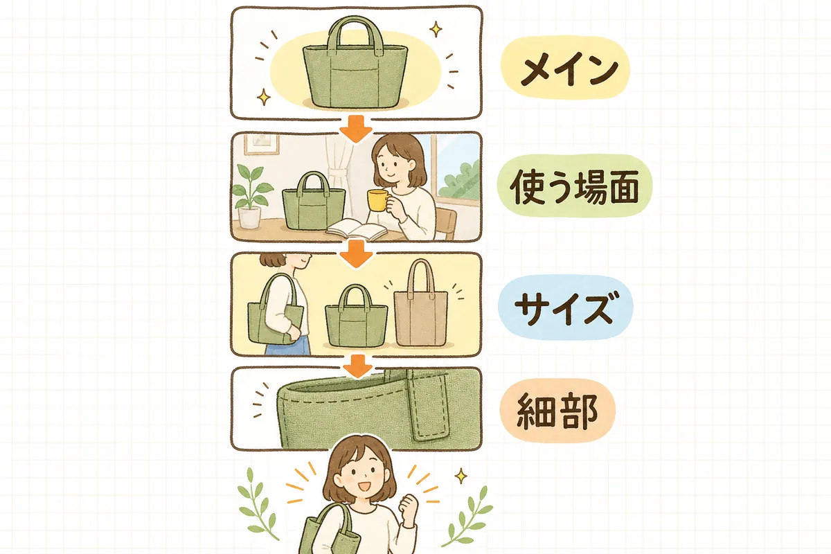 商品画像を上から「メイン→使う場面→サイズ→細部」の順に並べる流れを示した図