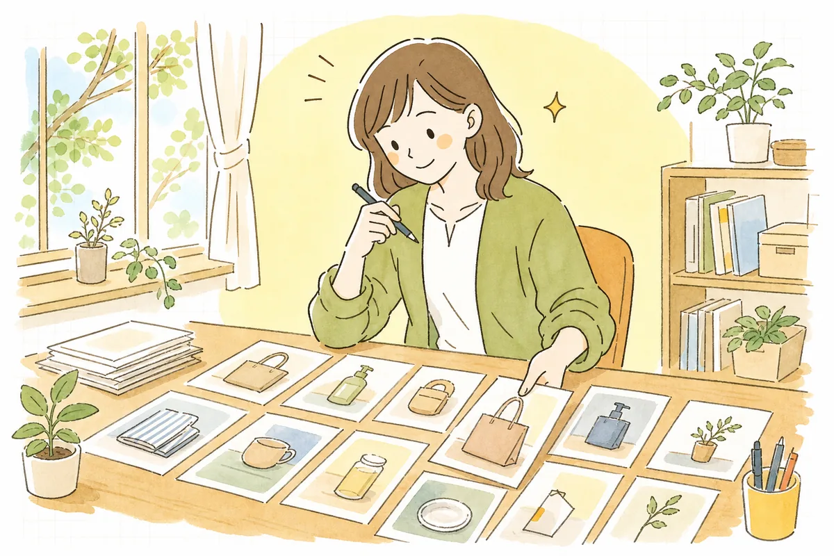 たくさんの商品写真を前に「どれを1枚目にして、何枚、どの順で並べよう」と考え込んでいるEC担当者の情景