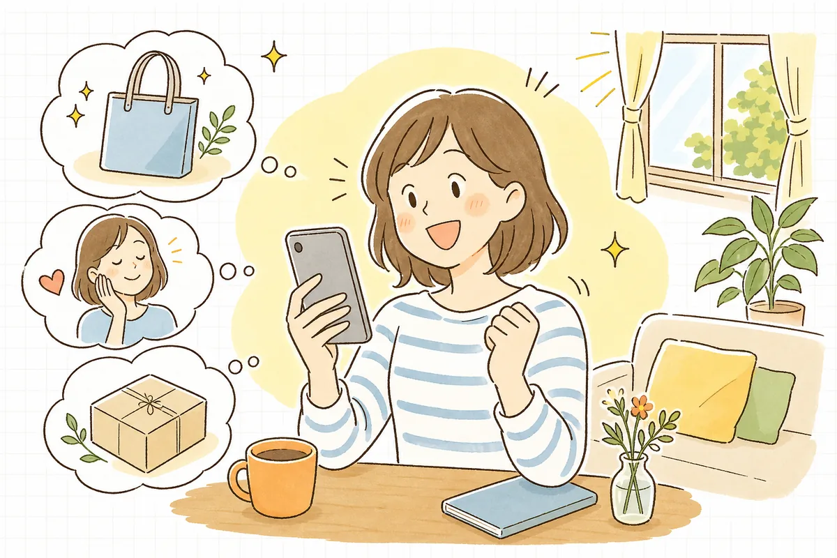整った商品ページを見て納得し、笑顔で購入ボタンに手を伸ばすお客さんの明るい情景