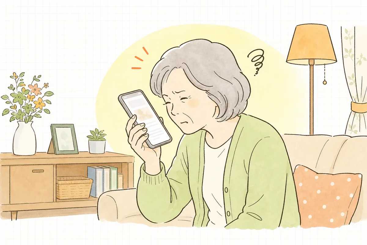 スマートフォンの商品ページを見ているお客さんが、文字が小さく色も薄くて読みづらそうに目を細めている情景
