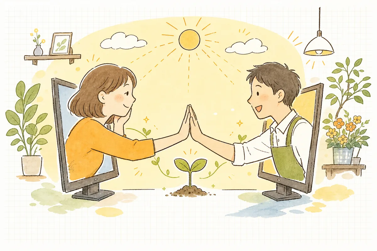 正直な商品ページを通じて、お店の担当者とお客さんの間に信頼がつながり、双方が穏やかに笑顔になっている明るい情景