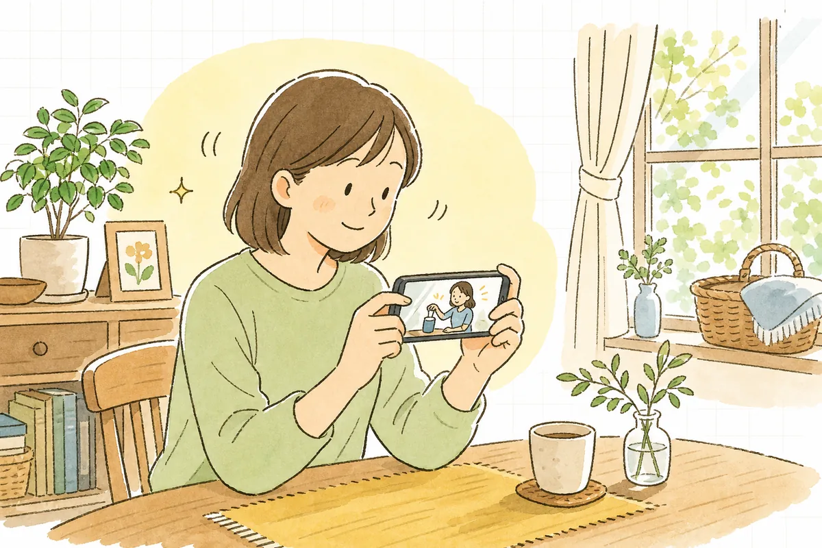 スマホの商品ページで短い動画を再生し、使っている場面を見て「なるほど」とうなずいている買い物中の人