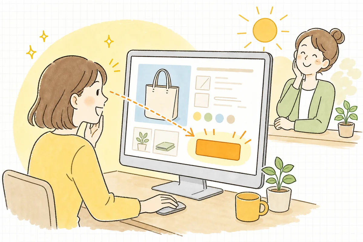 色を整えたことで購入ボタンがはっきり際立ち、お客さんが迷わず商品を選べるようになった明るい情景