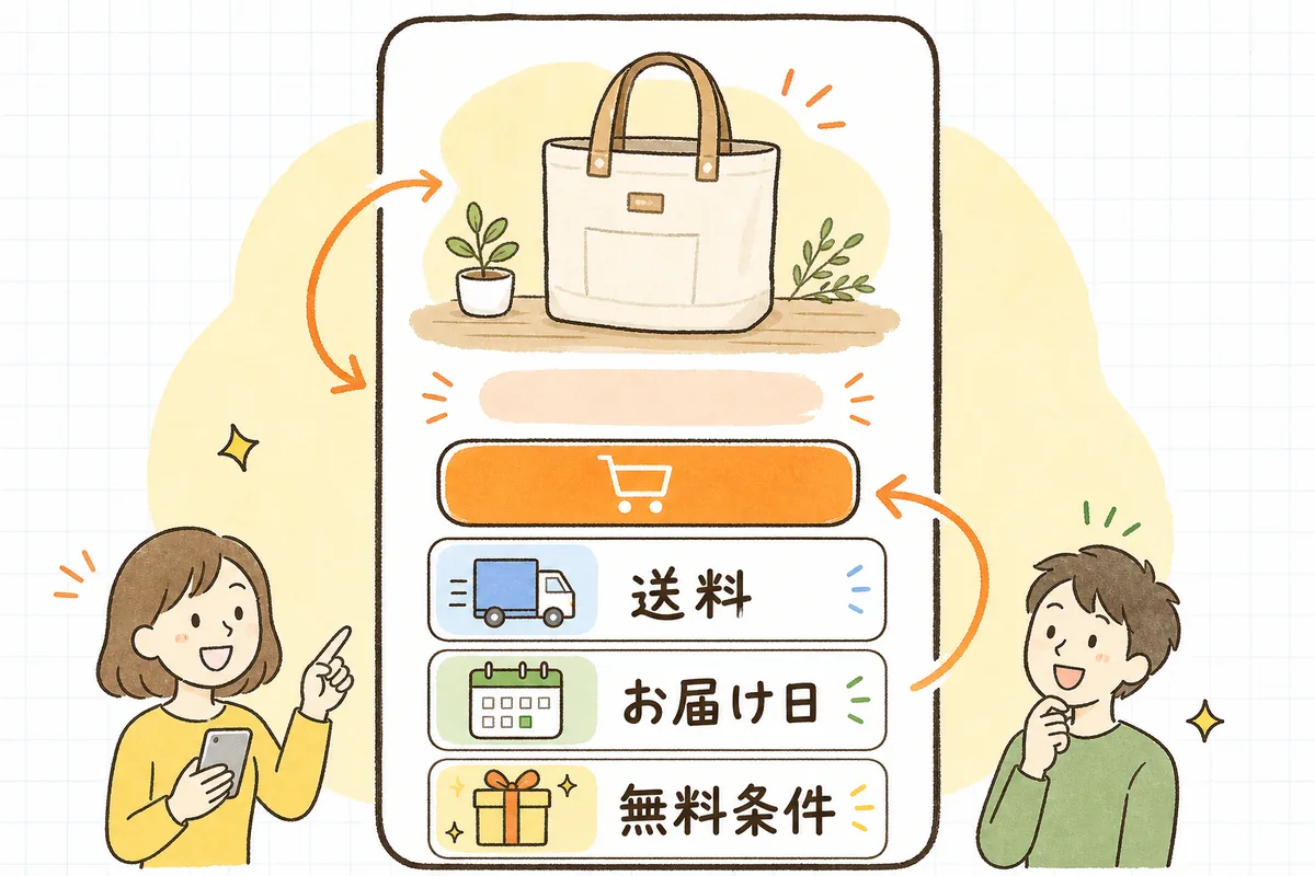 商品ページの購入ボタン付近に「送料」「お届け日」「無料条件」を並べて見せる配置の図