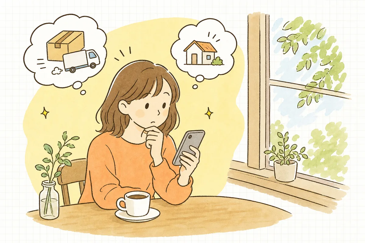 スマホの商品ページを見ながら「送料いくら?いつ届くんだろう」と気になって購入をためらうお客さんの情景