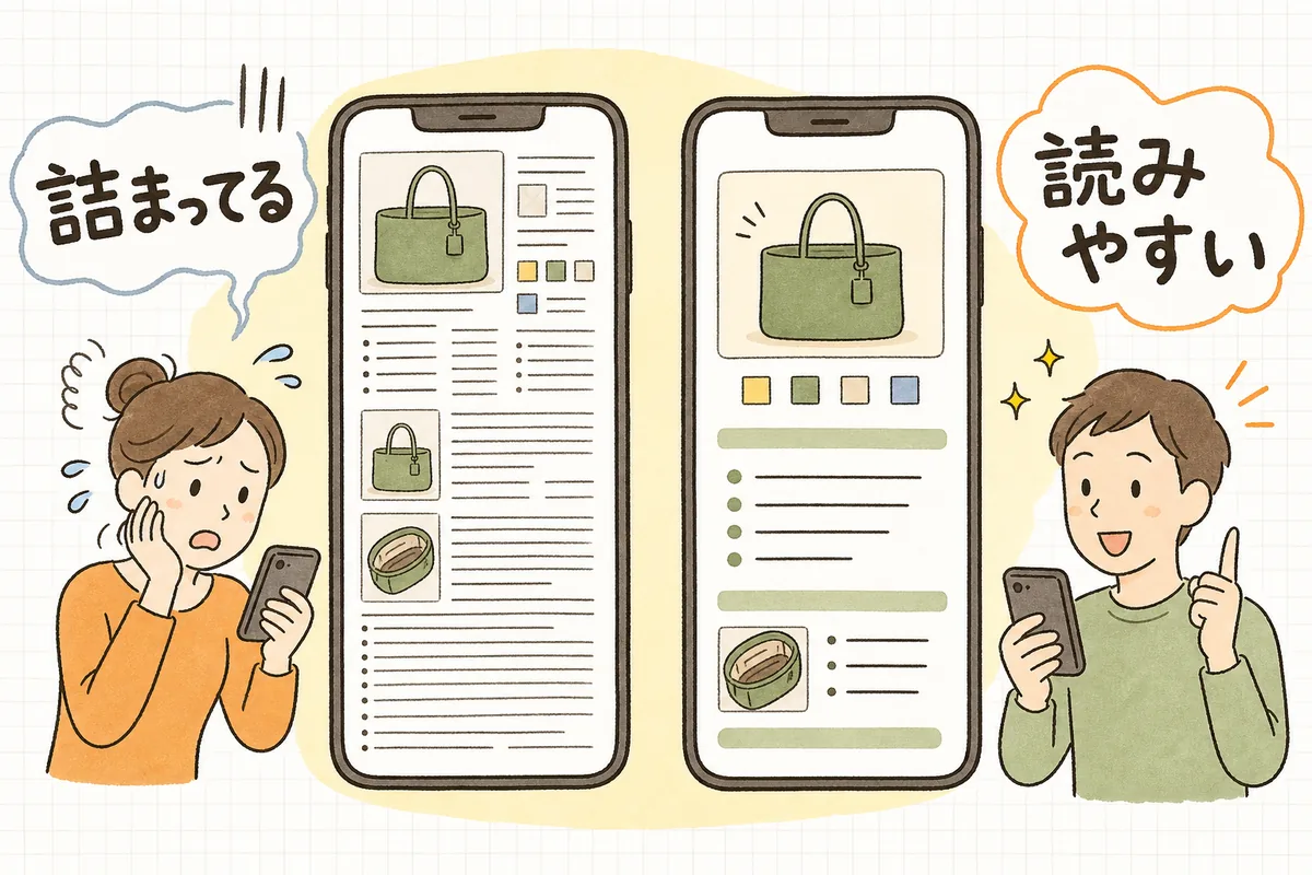 ぎっしり詰まった文字の商品ページを、見出し・余白・箇条書きで整理して読みやすくする前後を比べた概念図