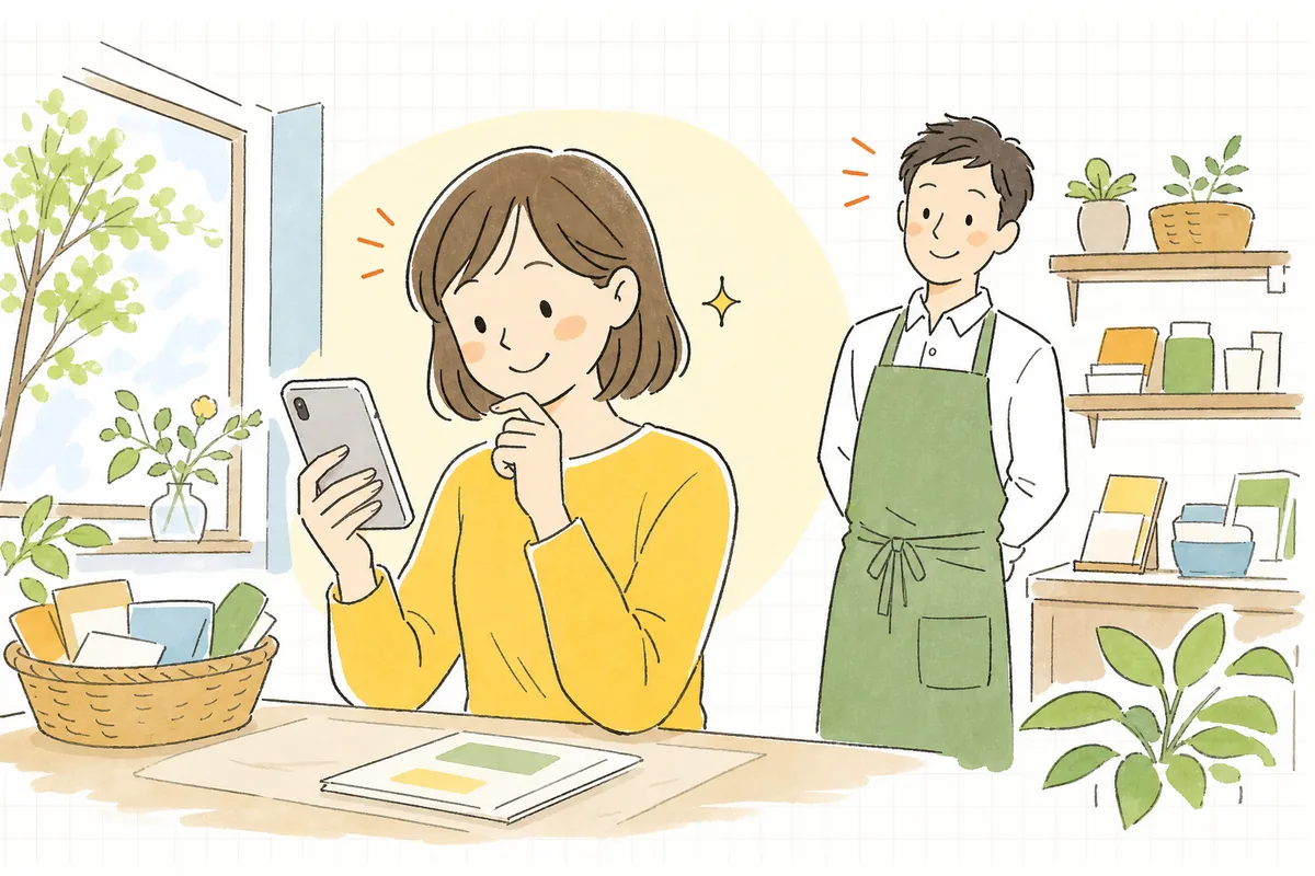 すっきり整った商品ページをスマホで軽やかに読み進め、内容が伝わって満足そうにしているお客さんと、それを見守る担当者の明るい情景