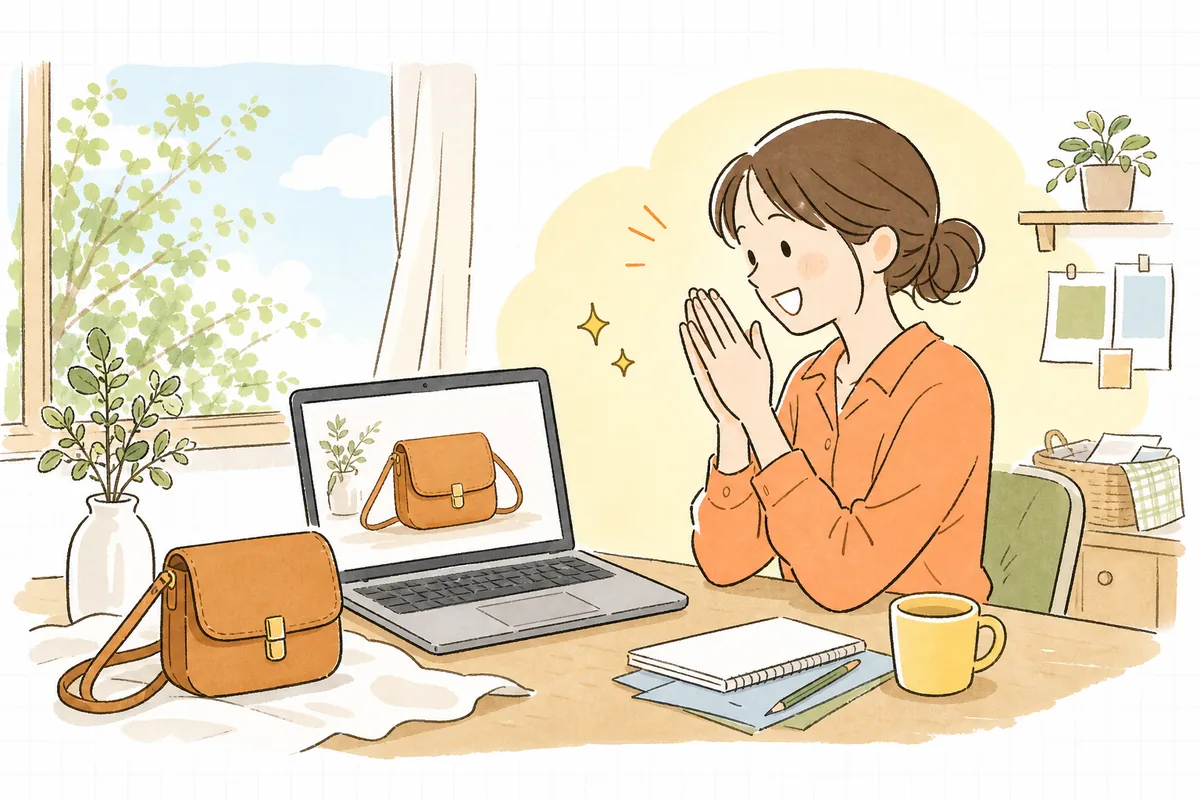 外注で仕上がった思いどおりの商品写真を画面で見て、うれしそうに微笑むEC担当者の情景