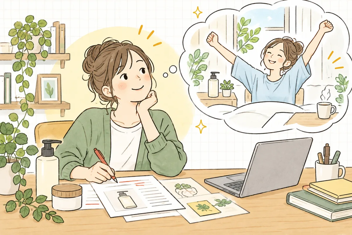 商品説明の文章を書き直しながら「この一行で、お客さんの暮らしがどう変わるかな」と想像しているEC担当者の情景