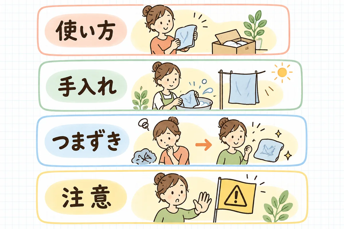 商品ページに載せる使い方・お手入れ情報を「基本の使い方・お手入れ・つまずき対処・向かない場面」の4ブロックで上から順に組み立てる構成イメージ図