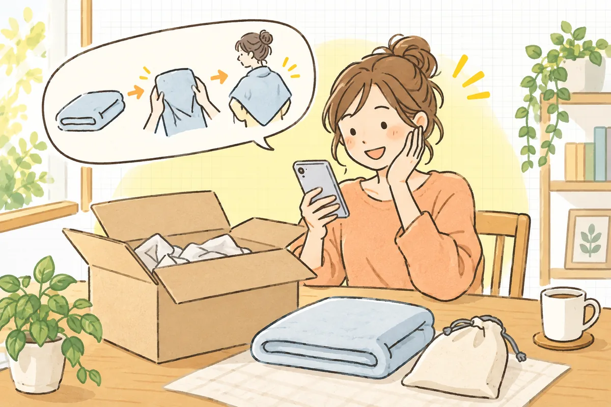 届いた商品を手に、同梱カードや商品ページの使い方説明を見ながら「なるほど、こう使うのか」と安心した表情を浮かべる買い物客の情景