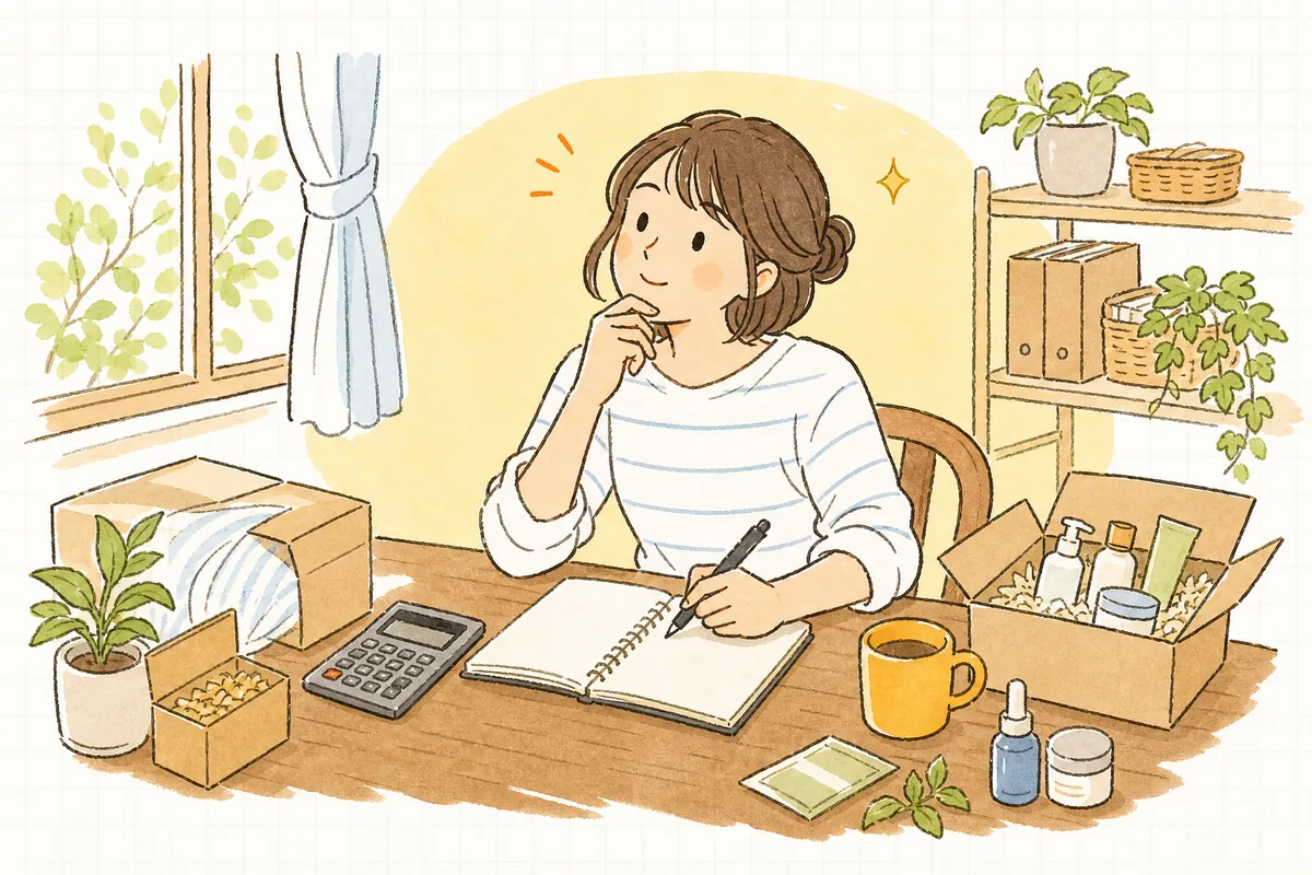 初回限定価格をいくらにすべきか、ノートに数字を書きながら「安くしすぎて赤字にならないか」と考え込むEC担当者の情景