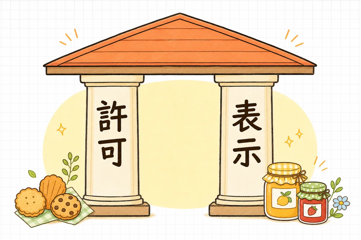 食品ネット販売の準備を「許可・届出」と「食品表示」の2本柱で示した図
