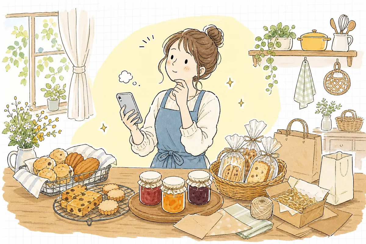 手作りの焼き菓子やジャムをテーブルに並べ、ネットで売る準備をしながら「許可や表示は大丈夫かな」と考える作り手