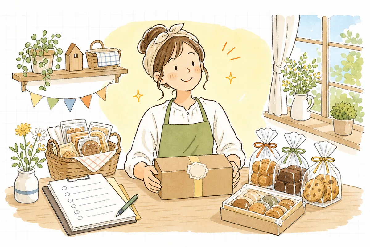 必要な許可と表示の準備を終え、安心して手作り食品を発送する作り手の笑顔
