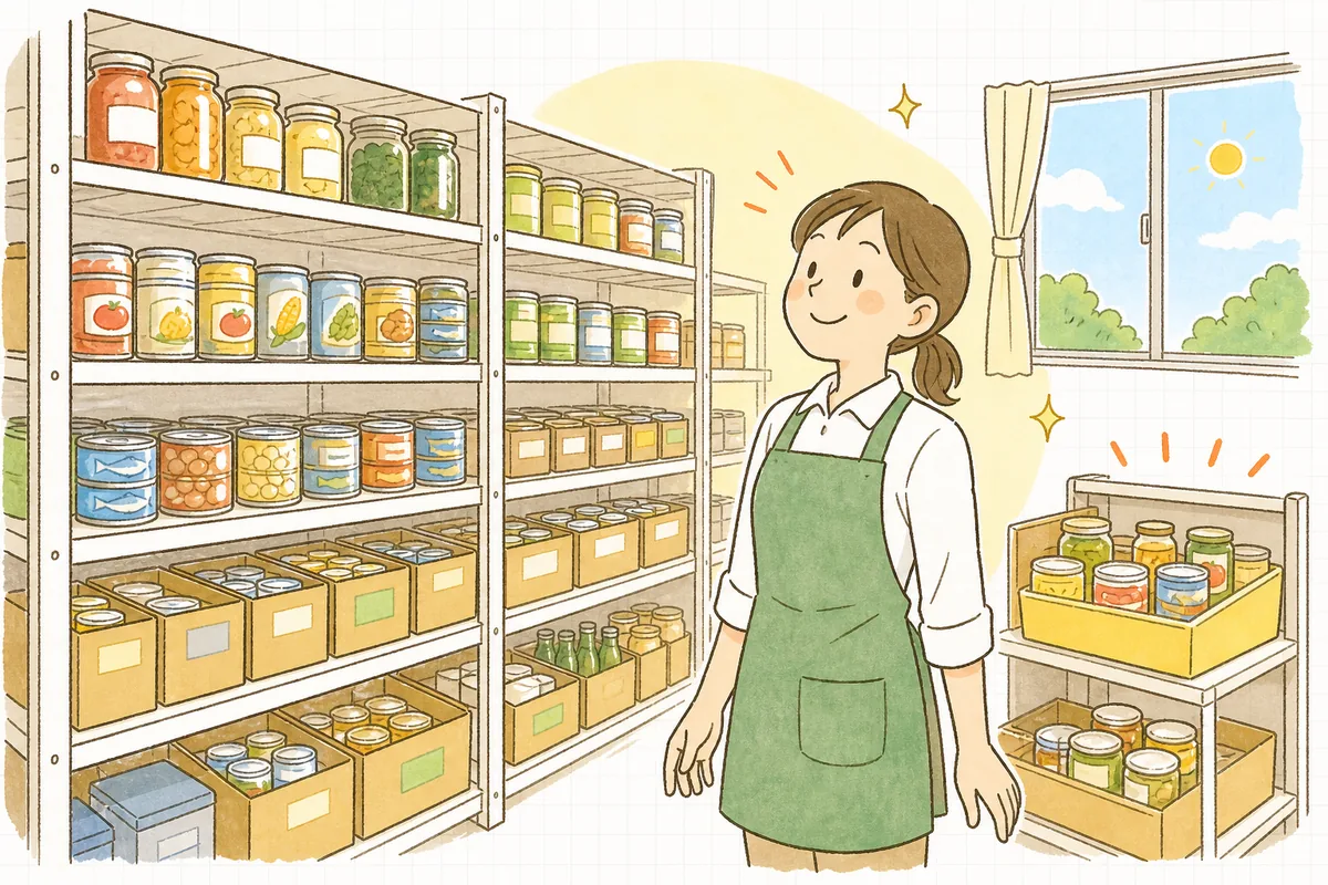 期限順にきれいに整った棚を前に、廃棄の悩みから解放されすっきりとした笑顔で前を向く食品ECの担当者