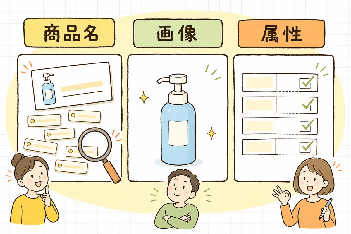 データフィード最適化を商品名・画像・属性の3つに分けて整理した図