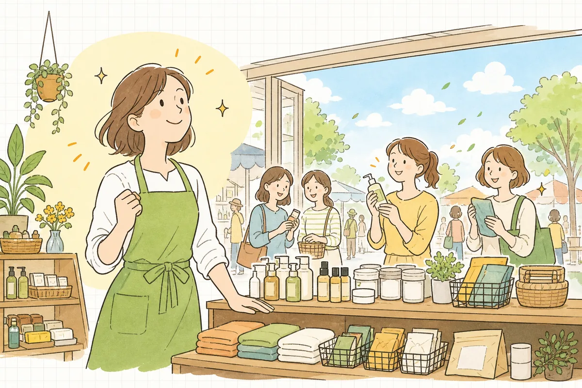 ECショップの担当者が、整えた商品が次々とお客さんに見つけてもらえるようになり、明るい表情で前を向いている情景