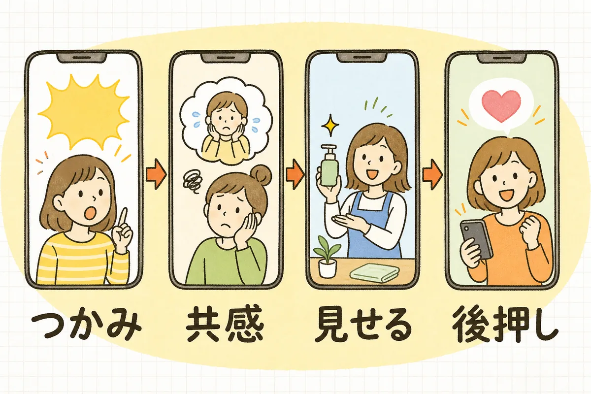 ショート動画を「つかみ・共感・見せる・後押し」の4つのブロックに分けて左から右へ並べた構成の図