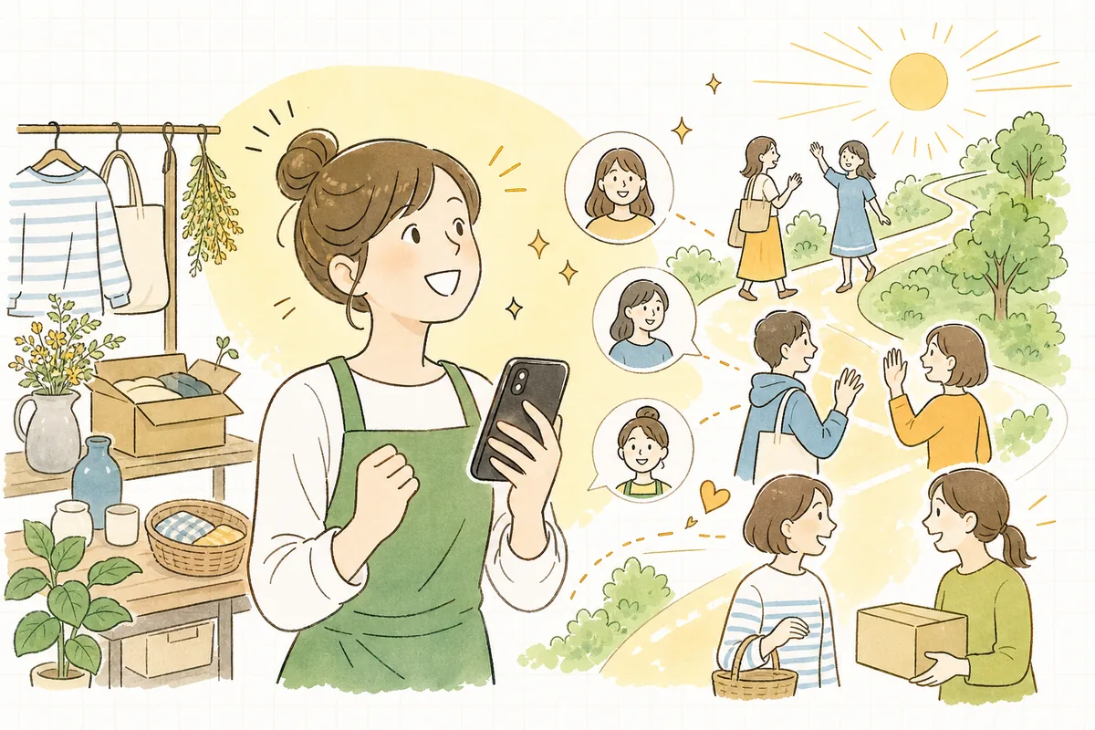 投稿したショート動画をきっかけに新しいお客さんが自分のショップを訪れ、担当者が手ごたえを感じて明るく前を向いている情景