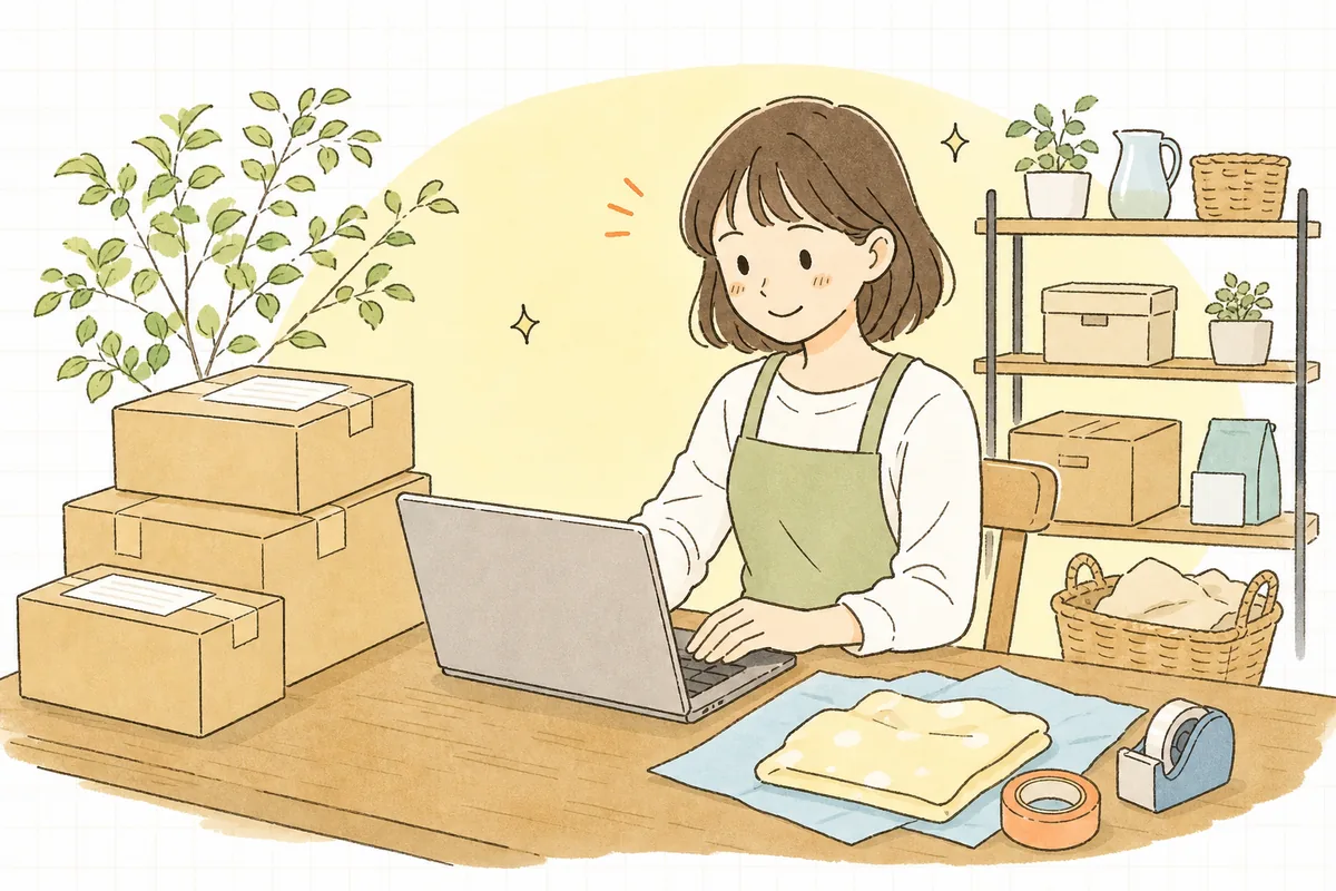 出荷した荷物を前に、パソコンで出荷通知メールを送ろうとしているネットショップの担当者