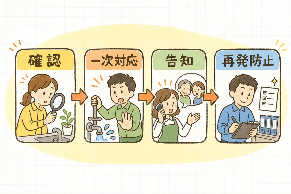 サイトダウン対応の4ステップ（確認→一次対応→告知→再発防止）を左から順に矢印でつないだ流れ図