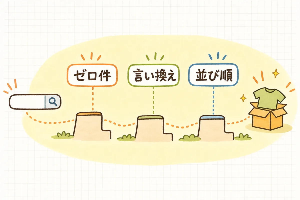 サイト内検索でお客さんがつまずく3つのポイント（ゼロ件・表記ゆれ・並び順）を整理した図