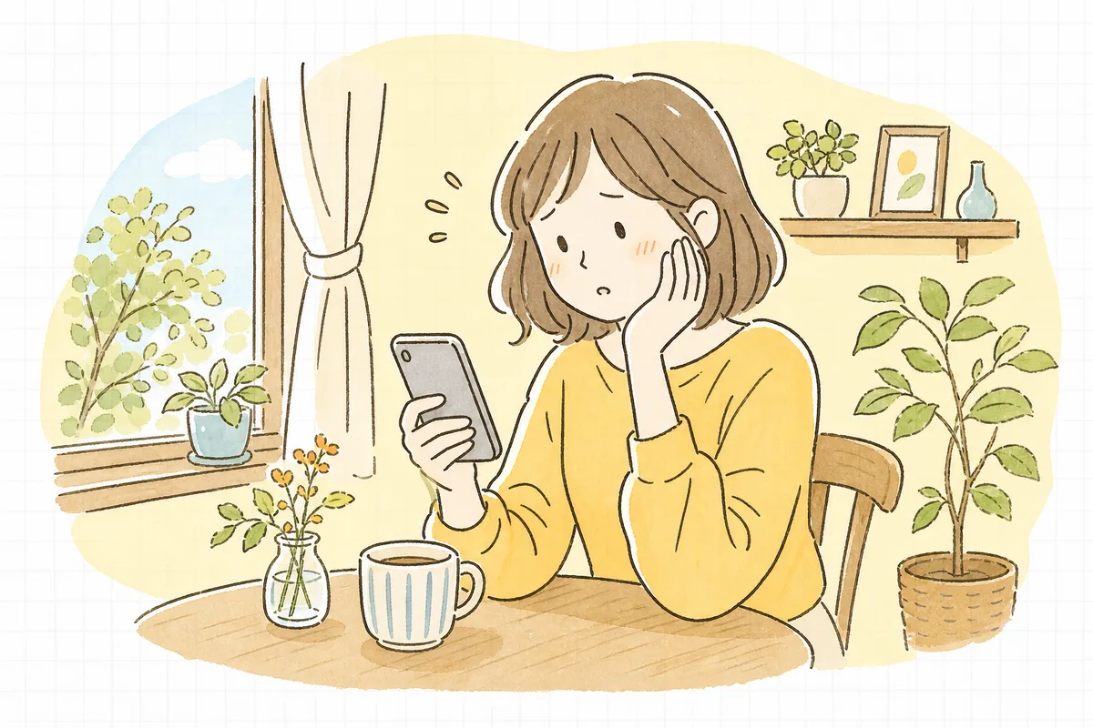 パソコンやスマホの検索窓に言葉を入れたのに、目当ての商品が見つからず困っているお客さんの様子
