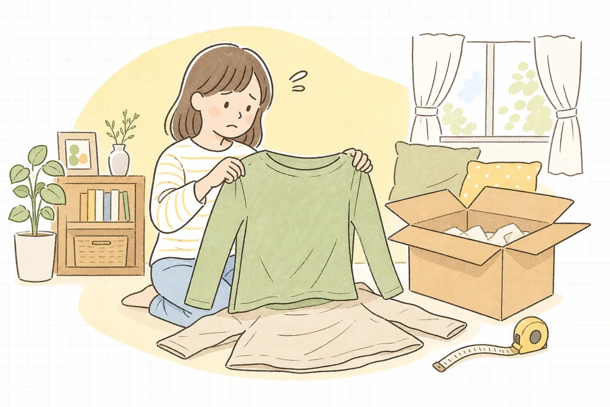 届いた商品を手持ちの服と重ねて「サイズが思っていたのと違う」と戸惑うお客さんの様子