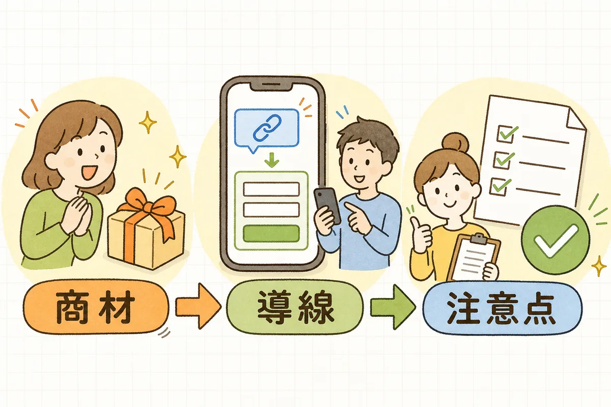 ソーシャルギフトを始める3つの手順(贈れる商材を選ぶ・受け取り導線を整える・法律の注意点をおさえる)を左から右への流れで示した図