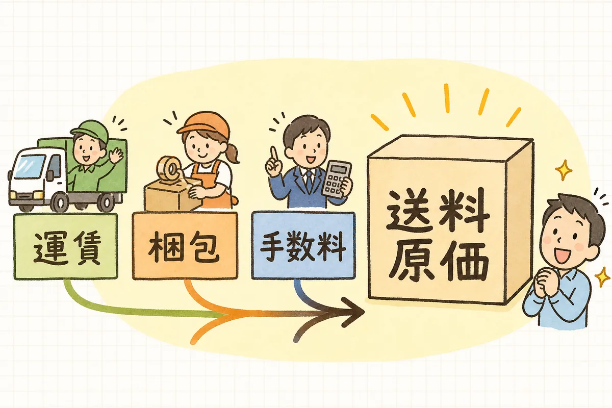 運賃・梱包資材・手数料の3つを足して1件あたりの送料原価を出す流れを示す概念図