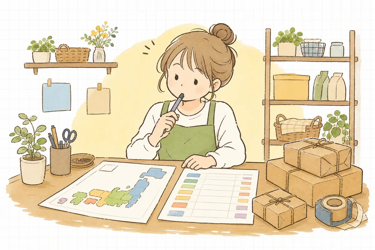 配送地域の地図と料金表を見比べながら、送料をいくらに設定するか考え込んでいるEC担当者の情景