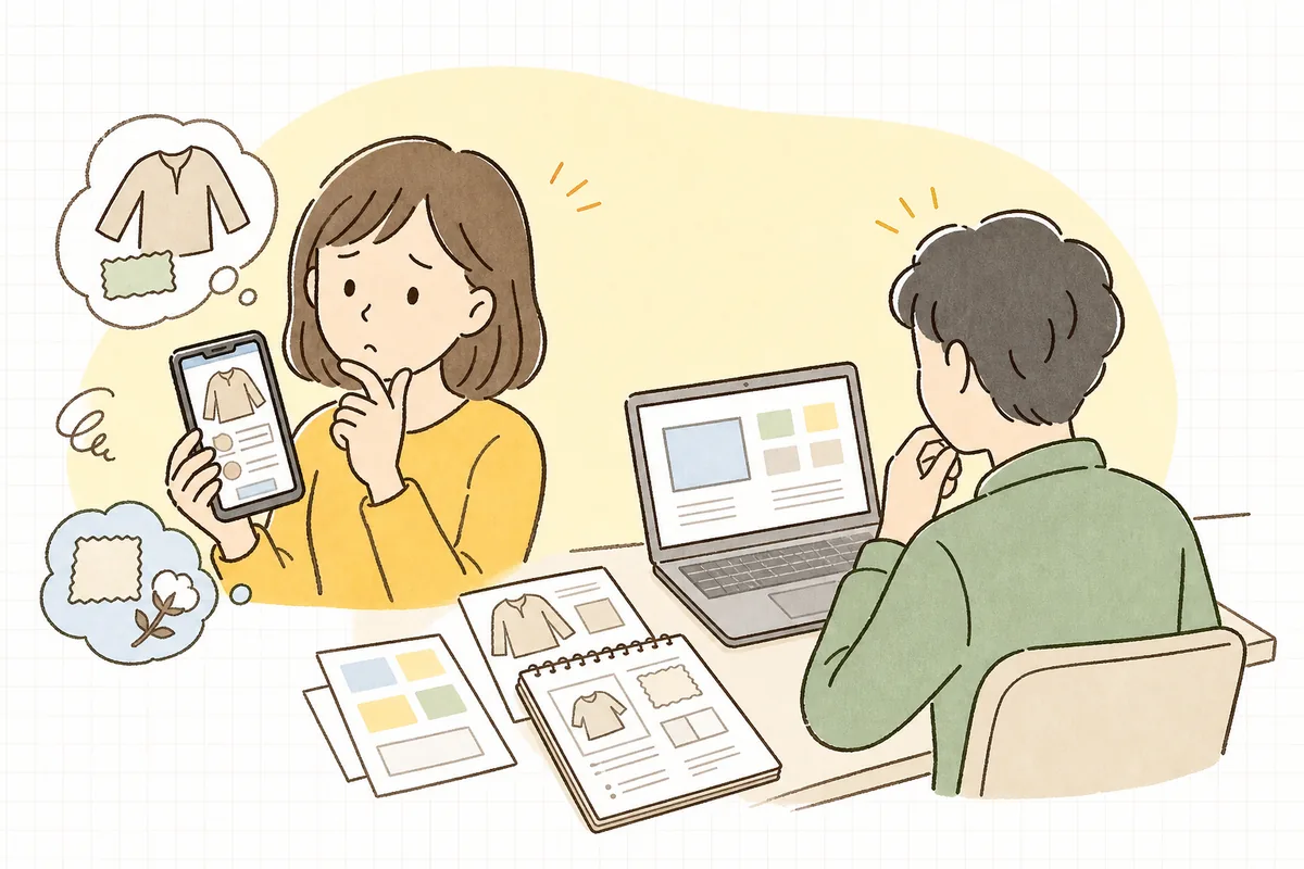 スマホの商品ページで、ずらりと並んだ仕様の文字を前に「結局どれが自分に合うの?」と考え込んでいるお客さんの情景