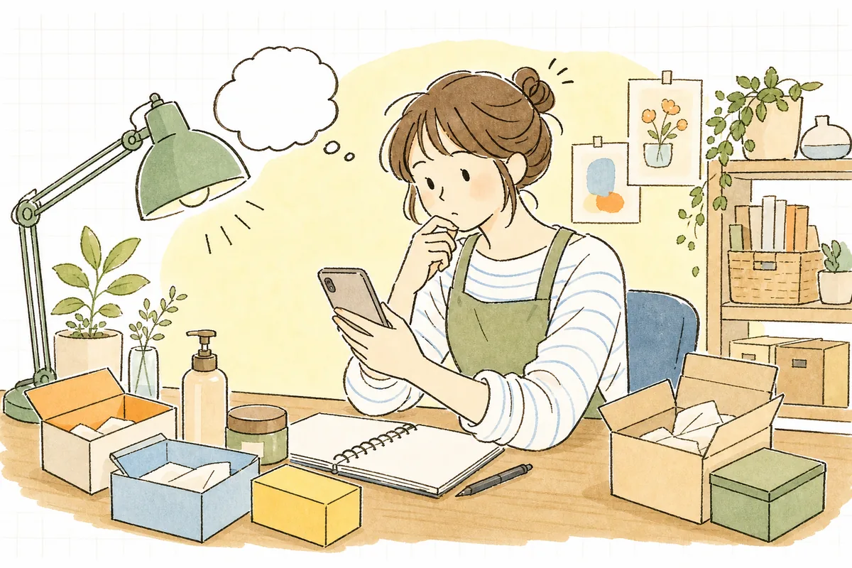 スマホでインフルエンサーへ商品PRを依頼しようとして「これって書き方、大丈夫かな」とふと手を止めて考えるネットショップ店主
