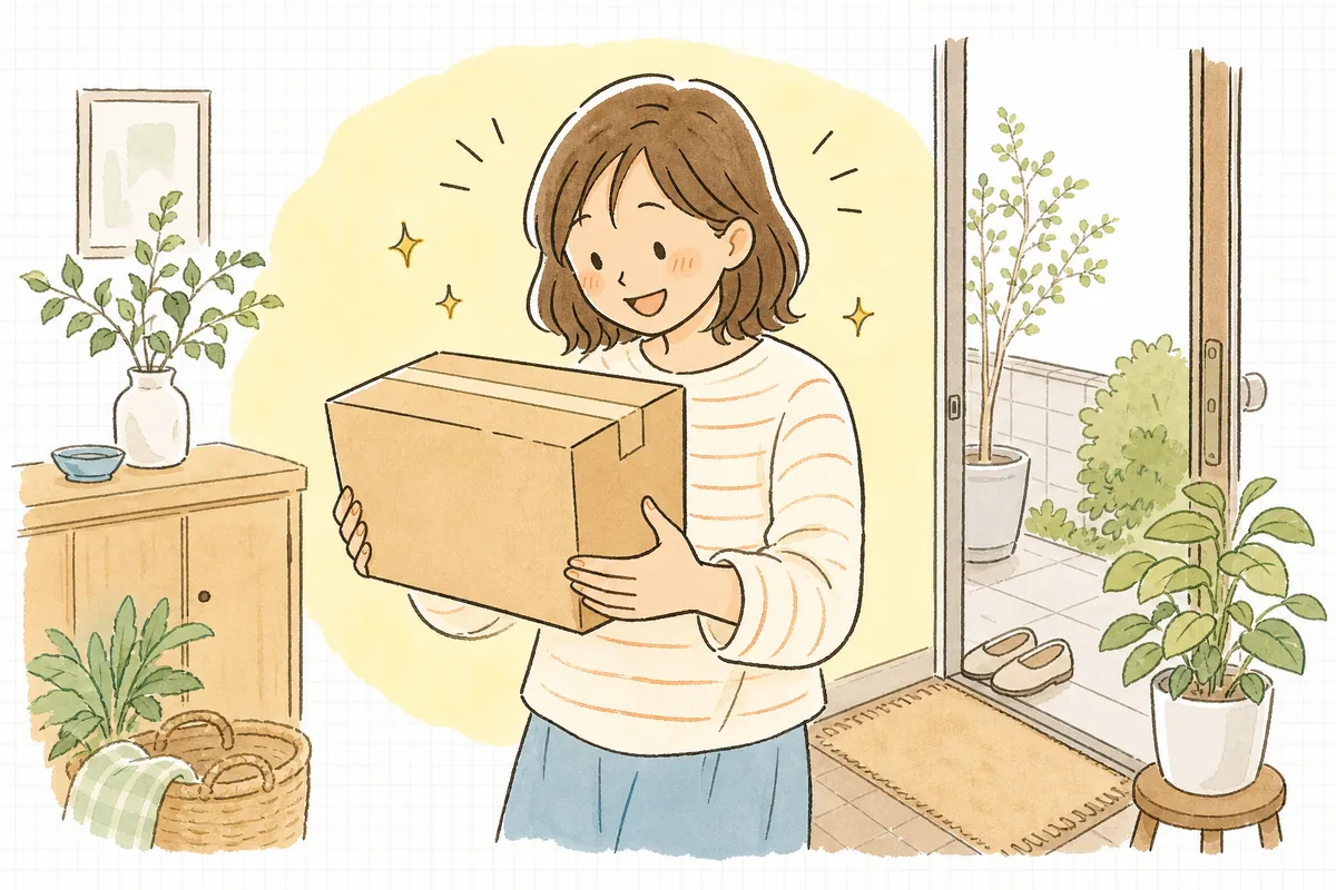 自宅に毎月届くお気に入りの定期便を、楽しみにしながら受け取っているお客さんの様子
